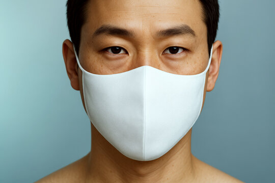 Man wearing a white face mask against a plain blue background. Concept of health and safety.