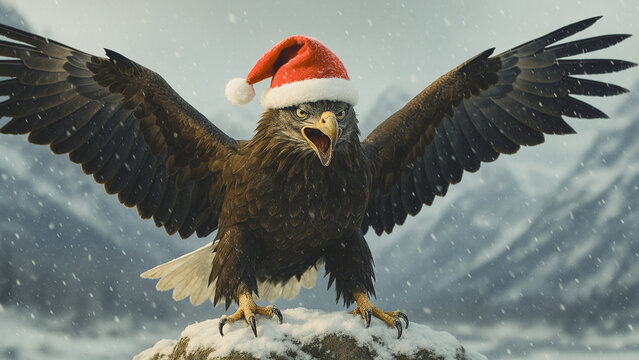 A fierce eagle wearing a Santa hat spreads its wings on a snowy mountain cliff during a winter storm. The dramatic wildlife scene blends holiday spirit with raw power.
