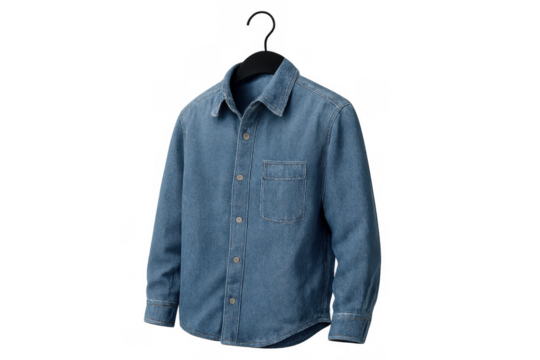 Blue long sleeve denim shirt on a black hanger, casual button-down clothing, jeans wear fashion, apparel on transparent background