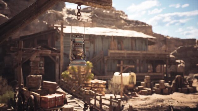 In a rugged desert setting, an old western settlement features wooden structures and a hanging lantern, surrounded by crates and a backdrop of rocky cliffs under a clear sky.