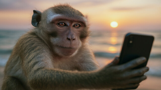 A realistic close-up of a monkey taking a selfie with a smartphone at the beach during a colorful sunset.