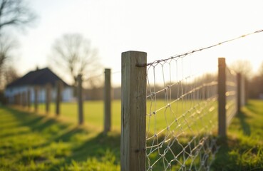 Fototapeta premium Close up photo shows wooden fence post in park. The wire fence separates a field. Sunlight illuminates the scene. A house is visible in background.