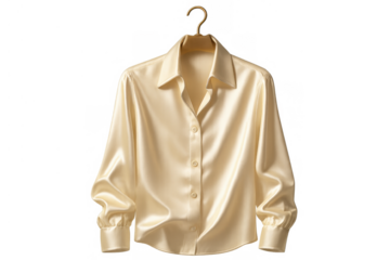 Cream colored luxurious silk blouse displaying smart casual women's fashion, hanging on a golden clothes hanger with transparent background