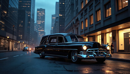 Fototapeta premium Elegant black hearse parked on wet city street at night. Tall buildings with glowing windows loom over the solemn vehicle. A car drives by in the distance. The mood is quiet, somber, and reflective.