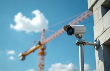 Fototapeta premium Security camera watches over site. Tower crane rises against sky. Surveillance cam attached to building monitors zone. Tech defends construction zone. System observes area for protection.