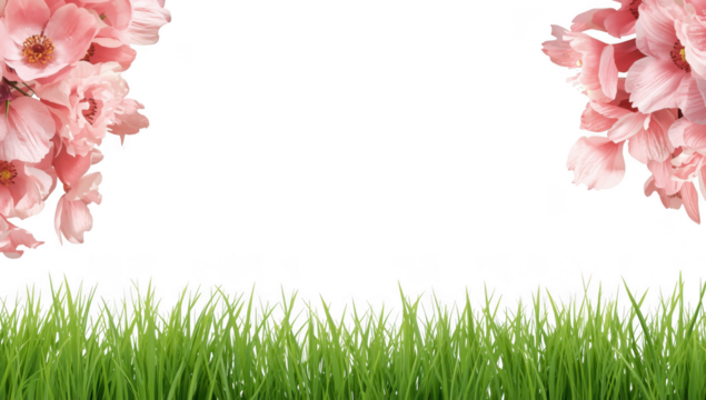 Beautiful pink flowers and green grass isolated on transparent background, a spring concept