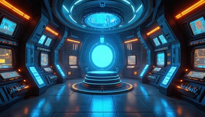 Futuristic control room with bright blue glowing portal and multiple monitors displaying data. High tech interior with neon lights and advanced sci fi console equipment.
