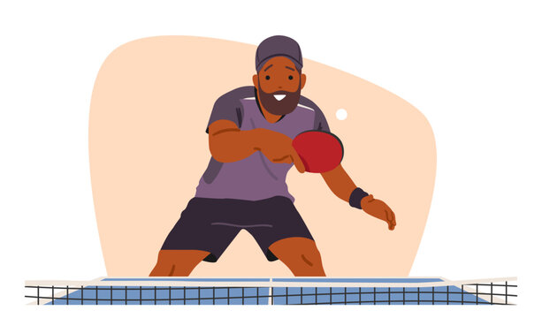 Energetic sportsman cartoon character actively engaged in a game of ping pong poised beside table
