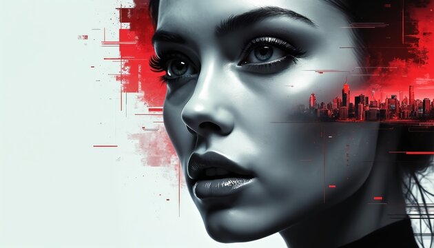 Digital artwork presents an abstract woman with cityscape overlay. Glitch effects art, futuristic design in red and gray. Creative concept with pixelated lines. Woman face with tech, city skyline.