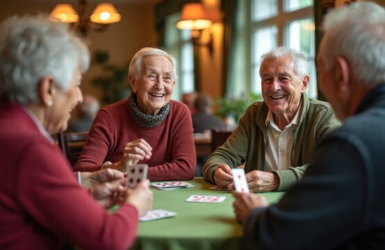 Seniors play cards at table indoors. Group of old friends enjoy game in living room together. Elderly people relax, socialize at nursing home during leisure time. Older generation fun at retirement