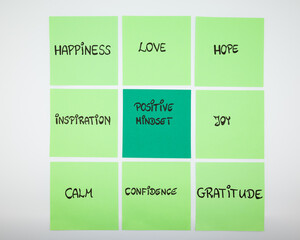Inspirational sticky notes arranged in a grid with positive words. Concept of mindset, positivity, motivation and emotional wellbeing.