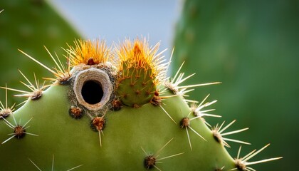 Close Up Of A Cactus Pad With A Hole And Spines