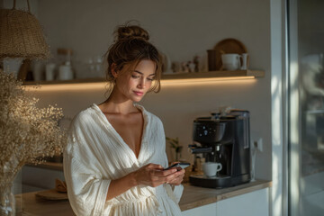 A modern morning ritual. A young woman stands in a sunlit kitchen, focused on her smartphone. A woman controls a coffee machine using a smartphone
