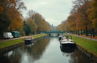 Fototapeta premium Boats float on calm canal water. Trees with autumn leaves line walkway. Green bridge spans canal ahead. Cars drive on road beside trees. White van parks near green container.