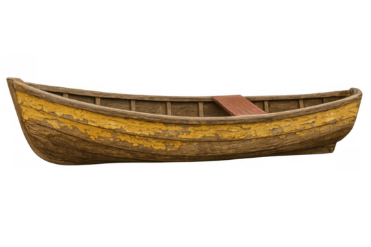 Wooden rowboat with peeling yellow paint, showing age and weathered texture, isolated for design elements