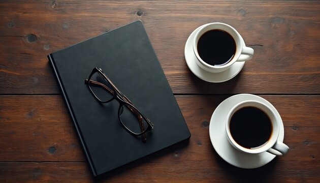 Overhead view of black notebook, glasses, and two cups of coffee on a rustic wooden desk. This clean tabletop scene offers space for text and promotes a focused work or study session.