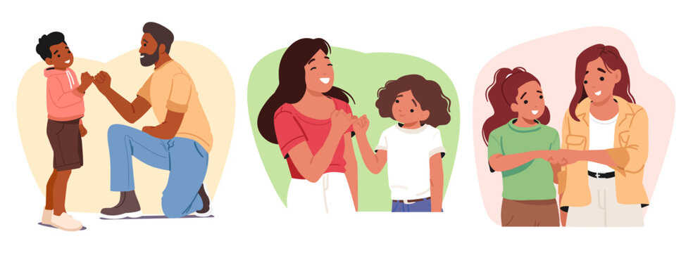 Parents and kids demonstrating pinky promise and fist bump gesture showing family bonding set