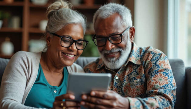 Happy senior couple reviews financial info on tablet. Smiling elderly people at home look at investment plan retirement funds. Happy old age with tech.