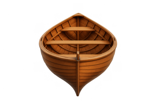 Wooden rowboat floating, 3d rendering of a classic small boat for transportation, adventure, and travel on transparent background