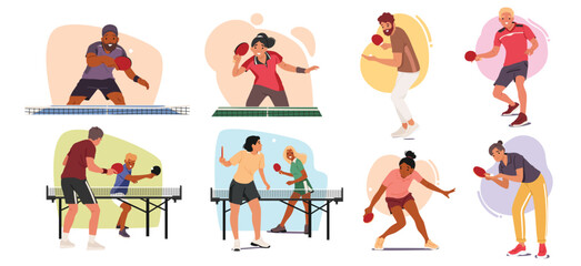 Diverse people characters playing ping pong enjoying table tennis sport competition scene set © Anna Syvak