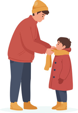An adult gently wraps a warm yellow scarf around a child&rsquo;s neck, helping them get ready for cold weather with caring attention