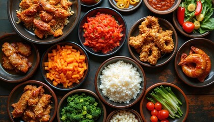 Overhead shot shows variety dishes. Asian food includes seafoods, vegetables, rice. Bowls with shrimp, chicken, broccoli, tomato, sprouts, carrots, fried calamari on table. Gourmet, delicious meal.