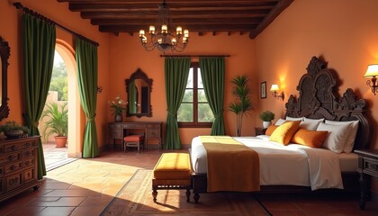 Fototapeta premium Illustration of Spanish colonial style bedroom interior. This image features decorative carved wooden bed headboard orange walls and green curtains. Room has traditional furniture with ornate details.