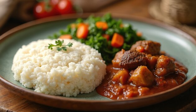 Ugali with sukuma wiki and stew. This photo presents a traditional Kenyan dish. A plate features soft ugali a side of greens and meat stew. This is African cuisine.