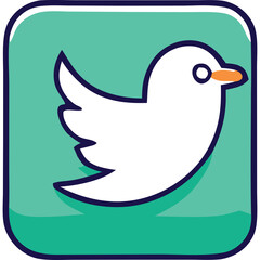 Simple Icon Of A White Bird With Orange Beak On A Teal Square Background With Dark Blue Outline And Shadow