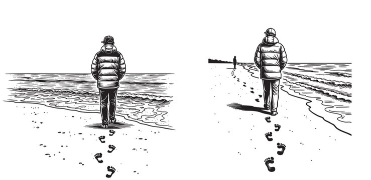 Hand-drawn sketch of a solitary figure walking away on the beach, leaving deep footprints in the sand.