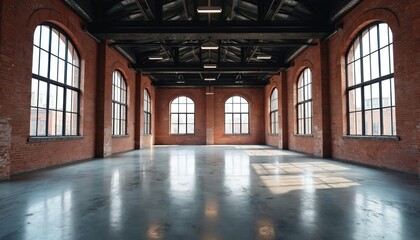 Large empty loft space with exposed brick walls and concrete floors. Arched windows let in natural light reflecting on the polished floor. Industrial ceiling with visible beams and lights.