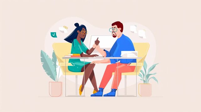 A woman and man sitting at a table engaged in a playful arm wrestling match, surrounded by plants and abstract decorations.
