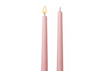 Pink taper candle burning with flame and unlit candle, showing before and after comparison, transparent background