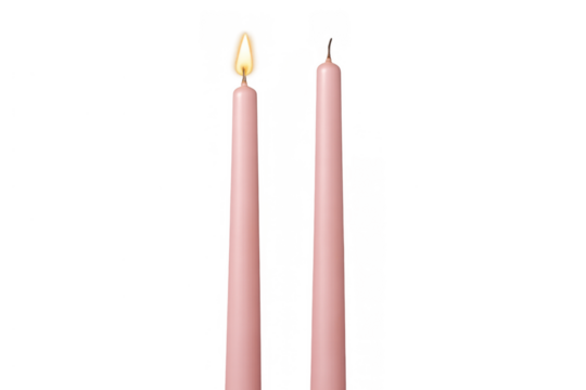 Pink taper candle burning with flame and unlit candle, showing before and after comparison, transparent background