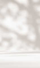 Empty brown cream beige room studio with shadow of leaves for product presentation. Autumn background. Summer tropical backdrop. Cosmetic showroom.