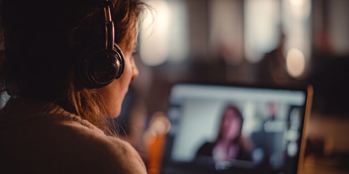 A moderator manages a video conference from his home office