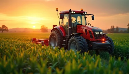 Fotobehang Tractor Red tractor works in green field at sunset. Agricultural machine cultivates crop. Modern farm vehicle plows land. Rural landscape at golden hour. Sunrise or sunset scene.  © Pete