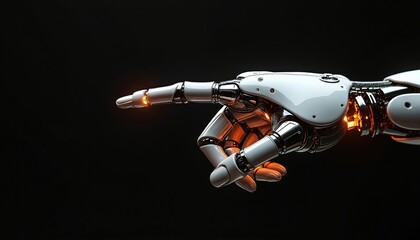 Close photo of robotic hand pointing finger against black backdrop. Modern cyborg hand in action shows digital world. Artificial intelligence tech future and innovation concept.