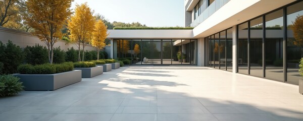 Modern building with large windows overlooks a paved patio and garden planters with green shrubs. Autumn trees with yellow leaves cast shadows on the bright clean stone flooring.