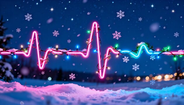 Glowing Christmas lights in the shape of a heartbeat EKG line on a snowy winter night. Festive neon pulse and holiday vitality concept