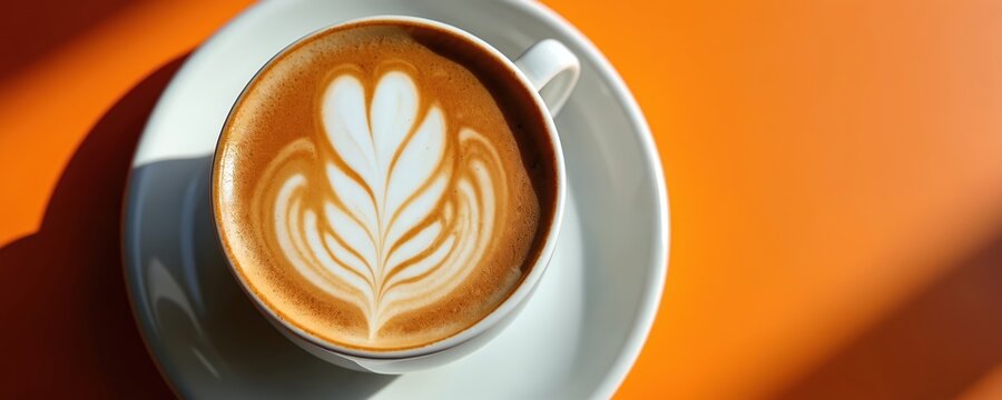 White cup of cappuccino with latte art on orange background. Hot frothy coffee with milk foam design. Morning beverage, caffeine boost and cafe culture.