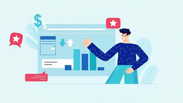 A man wearing a blue sweater gives a thumbs up next to a graphic display of financial data and charts.