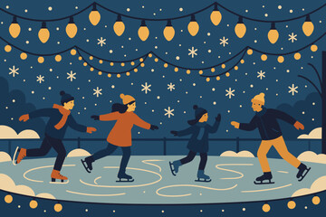 While bulbs rink vector warm under garlands decorative glow festive illustration skating