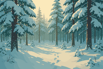 Tranquility forest snowy quiet sunlight illustration trees vector covered into footprints winter