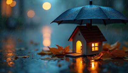 Toy house under umbrella in rain. Autumn leaves scattered around. Symbolizes home protection, insurance, and security during bad weather conditions. Warm light inside.