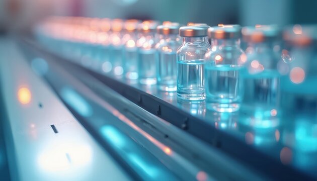 Clear glass vials with blue liquid move along production line. Sterile manufacturing process for medical drugs. Quality control in modern pharma factory.