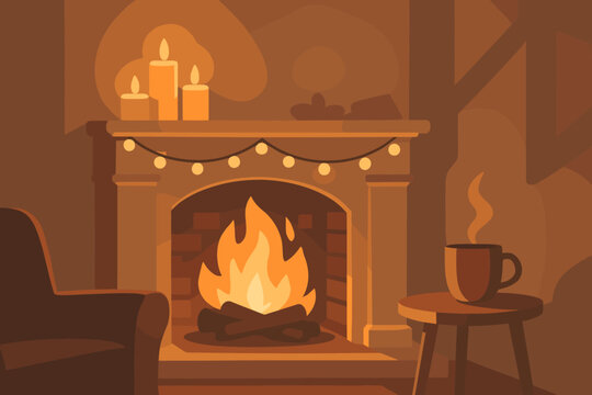 Cozy shadows peaceful vector evening room illustration fireplace fire burning side mug