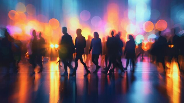 Anonymous pedestrians glow within blurry cityscape