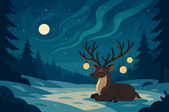 Illustration field antlers vector clearing moonlit glowing snowy above magic reindeer hanging