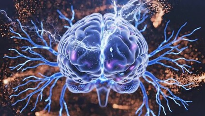 Opening on 3D brain glowing in void, pulsing spark particles via filaments showing neural activity
 - Powered by Adobe